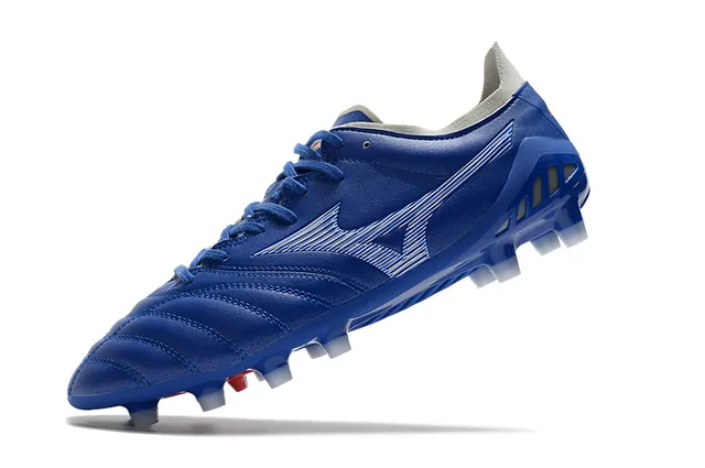 Mizuno Morelia Neo नीला सफेद लाल फर्म ग्राउंड सोकर जूते 3