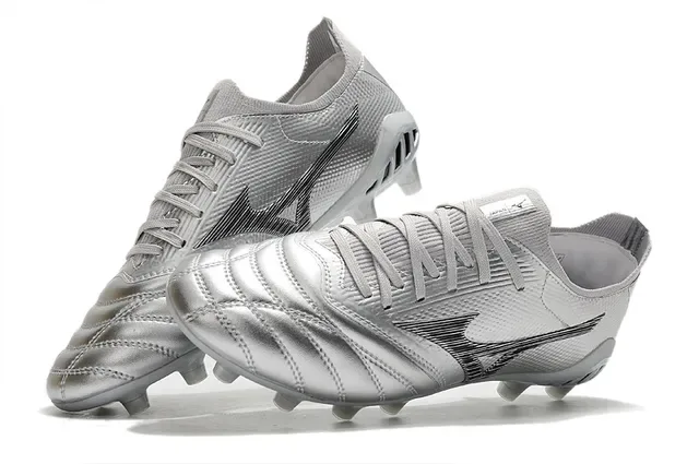 Mizuno Prata Preto Metálico Sintético Superior Wave Logo Gramado Firme Sapatos de Futebol 2