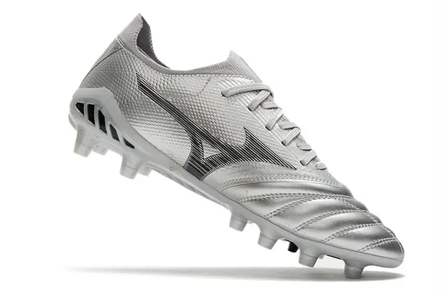 Mizuno Prata Preto Metálico Sintético Superior Wave Logo Gramado Firme Sapatos de Futebol 3