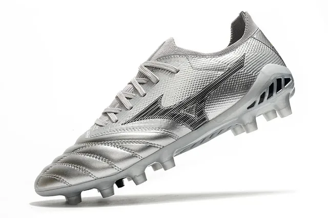 Mizuno Prata Preto Metálico Sintético Superior Wave Logo Gramado Firme Sapatos de Futebol 4