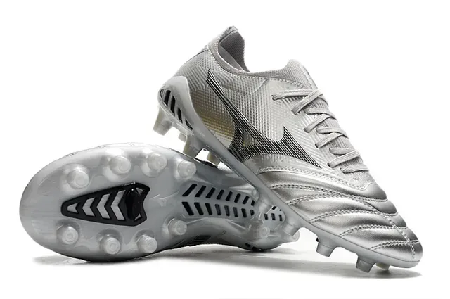 Mizuno Prata Preto Metálico Sintético Superior Wave Logo Gramado Firme Sapatos de Futebol 5