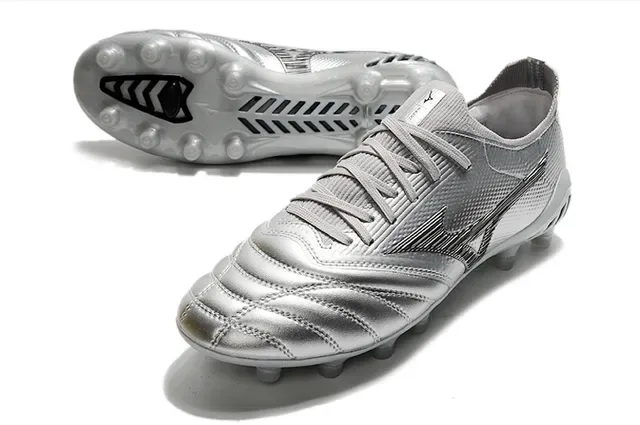 Mizuno Prata Preto Metálico Sintético Superior Wave Logo Gramado Firme Sapatos de Futebol 6