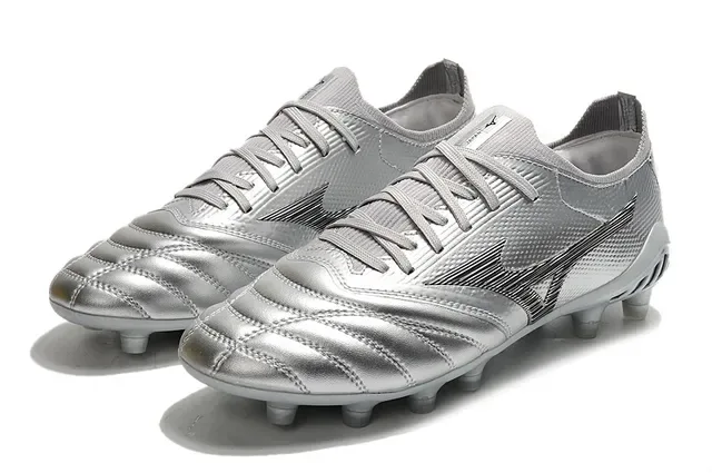 Mizuno Prata Preto Metálico Sintético Superior Wave Logo Gramado Firme Sapatos de Futebol 8