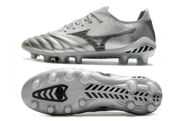 Mizuno Prata Preto Metálico Sintético Superior Wave Logo Gramado Firme Sapatos de Futebol 9