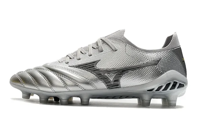 Mizuno Prata Preto Metálico Sintético Superior Wave Logo Gramado Firme Sapatos de Futebol 10
