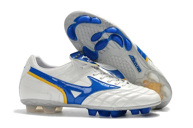 Mizuno Sapatos de Futebol Branco Azul Couro Superior Quiltado com Logo Wave em Solo Firme 2