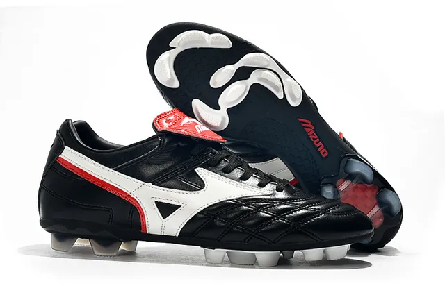 Mizuno Sapatos de Futebol Branco Azul Couro Superior Quiltado com Logo Wave em Solo Firme 3