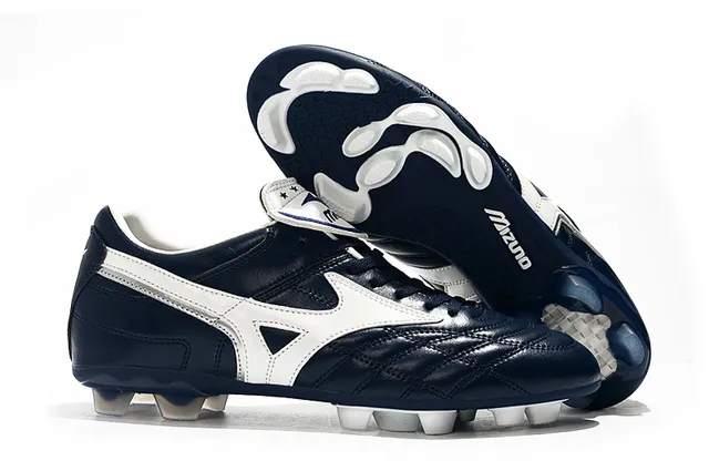Mizuno Sapatos de Futebol Branco Azul Couro Superior Quiltado com Logo Wave em Solo Firme 4