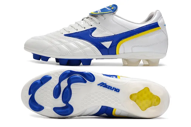 Mizuno Sapatos de Futebol Branco Azul Couro Superior Quiltado com Logo Wave em Solo Firme 5