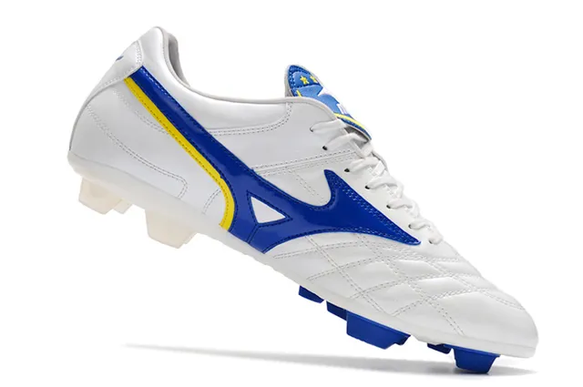 Mizuno Sapatos de Futebol Branco Azul Couro Superior Quiltado com Logo Wave em Solo Firme 6
