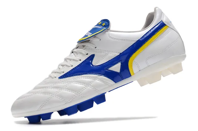 Mizuno Sapatos de Futebol Branco Azul Couro Superior Quiltado com Logo Wave em Solo Firme 7