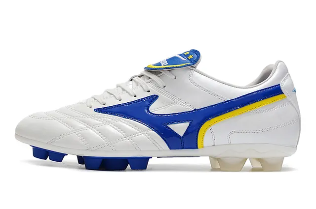 Mizuno Sapatos de Futebol Branco Azul Couro Superior Quiltado com Logo Wave em Solo Firme 8