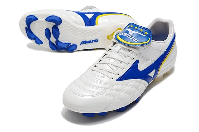 Mizuno Sapatos de Futebol Branco Azul Couro Superior Quiltado com Logo Wave em Solo Firme 9
