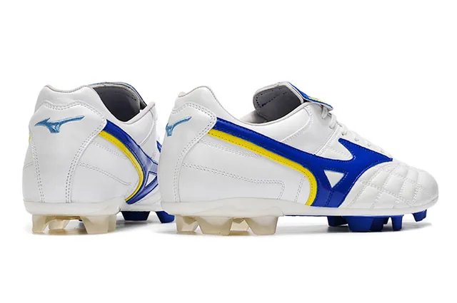Mizuno Sapatos de Futebol Branco Azul Couro Superior Quiltado com Logo Wave em Solo Firme 10