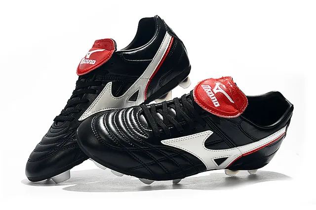 Mizuno Sapatos de Futebol Branco Azul Couro Superior Quiltado com Logo Wave em Solo Firme 13