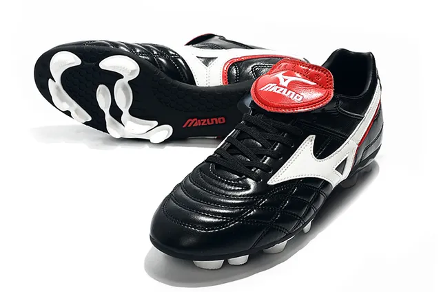 Mizuno Sapatos de Futebol Branco Azul Couro Superior Quiltado com Logo Wave em Solo Firme 14
