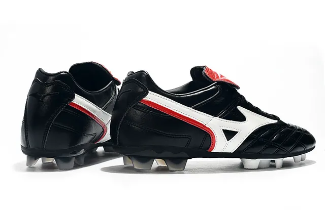 Mizuno Sapatos de Futebol Branco Azul Couro Superior Quiltado com Logo Wave em Solo Firme 16