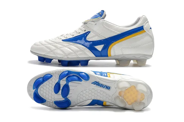 Mizuno Sapatos de Futebol Branco Azul Couro Superior Quiltado com Logo Wave em Solo Firme 17