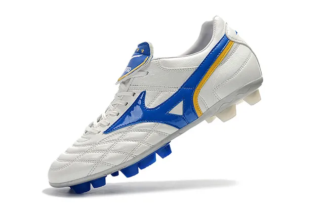 Mizuno Sapatos de Futebol Branco Azul Couro Superior Quiltado com Logo Wave em Solo Firme 19