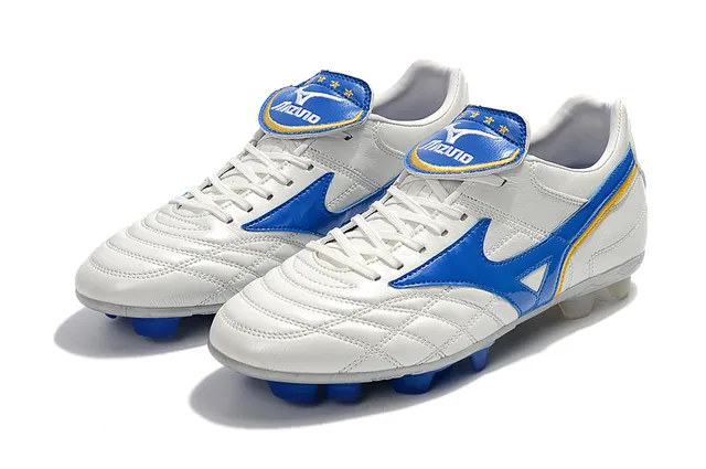 Mizuno Sapatos de Futebol Branco Azul Couro Superior Quiltado com Logo Wave em Solo Firme 20