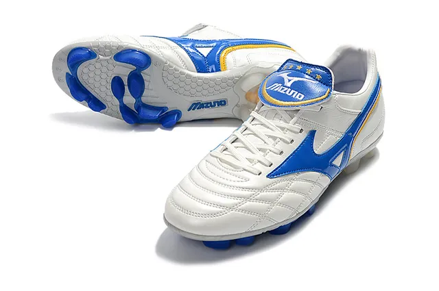 Mizuno Sapatos de Futebol Branco Azul Couro Superior Quiltado com Logo Wave em Solo Firme 22