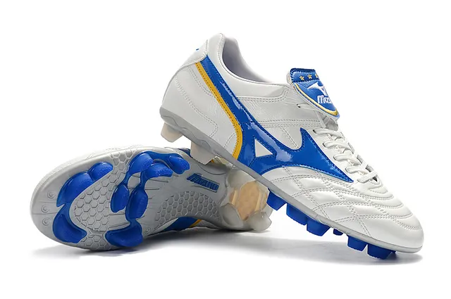 Mizuno Sapatos de Futebol Branco Azul Couro Superior Quiltado com Logo Wave em Solo Firme 23