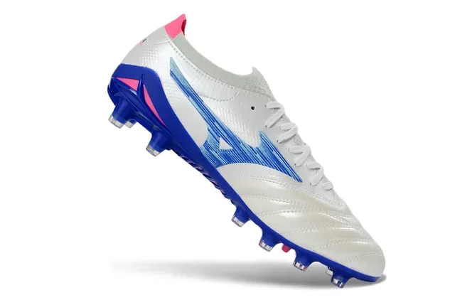 Mizuno White Blue Quilted Leather Upper Wave-Patterned Synthetic Overlay Firm-Ground Soccer Shoes 2