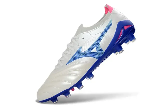 Mizuno White Blue Quilted Leather Upper Wave-Patterned Synthetic Overlay Firm-Ground Soccer Shoes 3