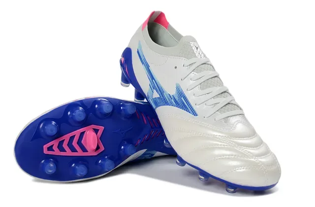 Mizuno White Blue Quilted Leather Upper Wave-Patterned Synthetic Overlay Firm-Ground Soccer Shoes 4
