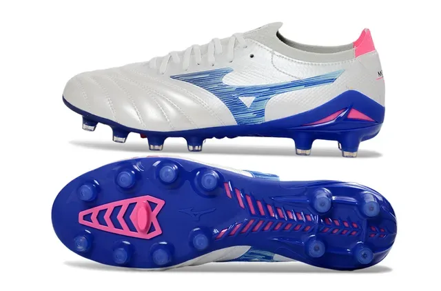 Mizuno White Blue Quilted Leather Upper Wave-Patterned Synthetic Overlay Firm-Ground Soccer Shoes 6