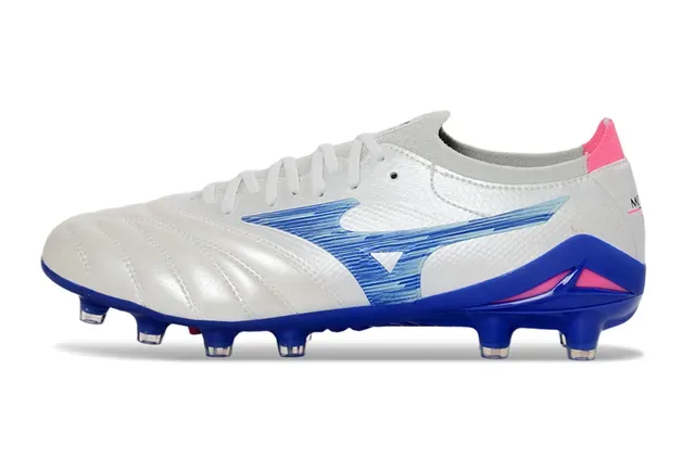 Mizuno White Blue Quilted Leather Upper Wave-Patterned Synthetic Overlay Firm-Ground Soccer Shoes 7