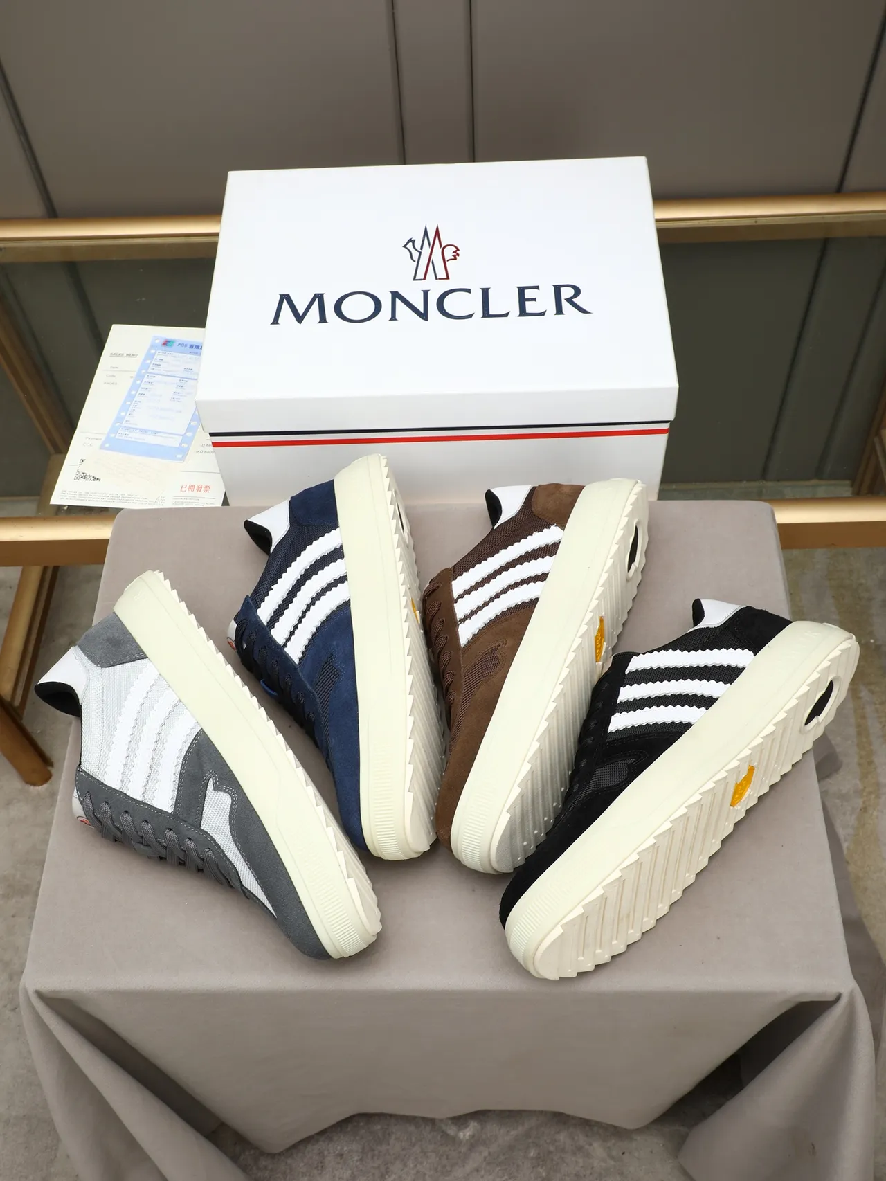 Moncler Navy White Suede-Mesh Upper Serrated Triple Stripe Sneakers 2