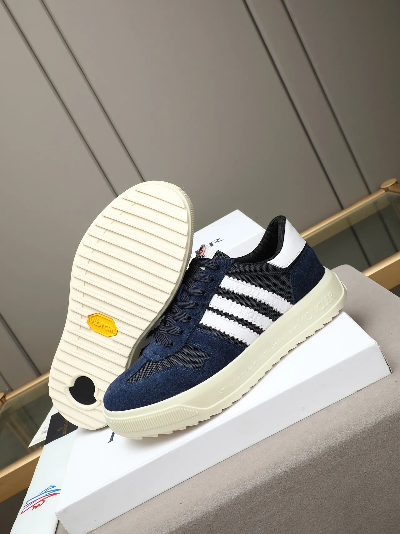 Moncler Navy White Suede-Mesh Upper Serrated Triple Stripe Sneakers 4