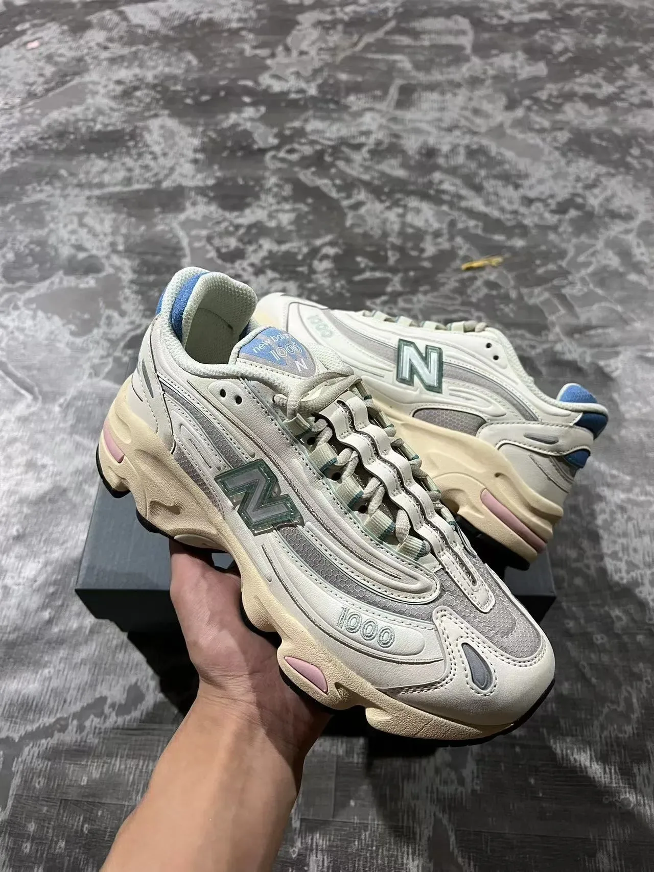 New Balance 1000 Beige Blue Retro Runner Multi-Layered Cage Construction Chunky Sneakers 2