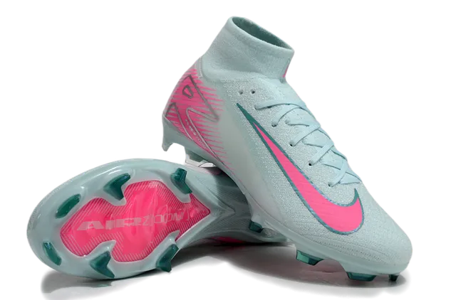 Nike Zapatillas de fútbol azul y rosa con collar alto tipo calcetín, Swoosh y superposiciones gráficas para tierra firme 4