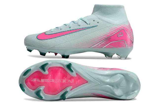 Nike Zapatillas de fútbol azul y rosa con collar alto tipo calcetín, Swoosh y superposiciones gráficas para tierra firme 6