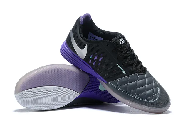 Nike Lunar Gato Black Purple Quilted Toe Cap Perforated Synthetic Cage Indoor Soccer Shoes 3