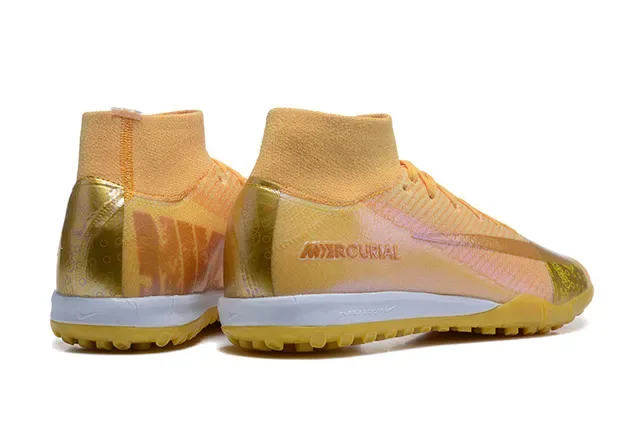 Nike Mercurial Gold Beige Flyknit Upper High-Top Collar Turf Soccer Shoes 2