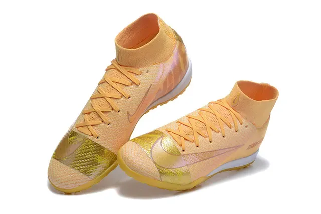 Nike Mercurial Gold Beige Flyknit Upper High-Top Collar Turf Soccer Shoes 3