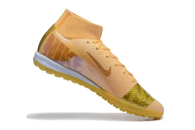 Nike Mercurial Gold Beige Flyknit Upper High-Top Collar Turf Soccer Shoes 4