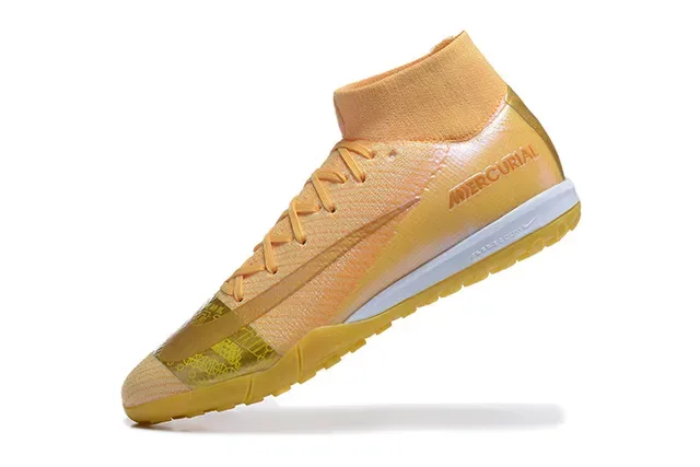 Nike Mercurial Gold Beige Flyknit Upper High-Top Collar Turf Soccer Shoes 5