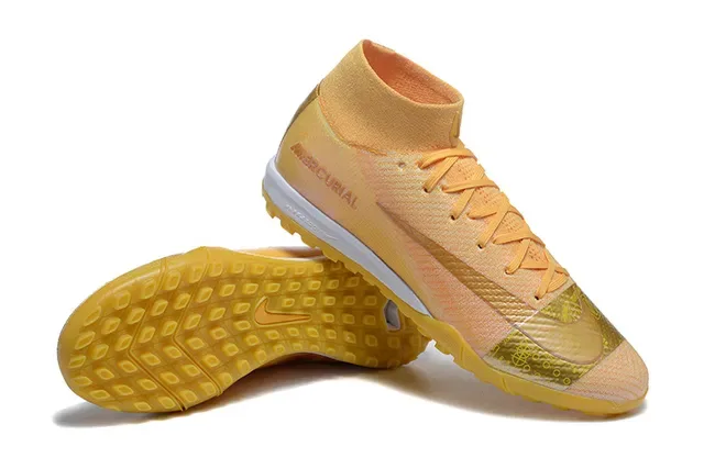 Nike Mercurial Gold Beige Flyknit Upper High-Top Collar Turf Soccer Shoes 6