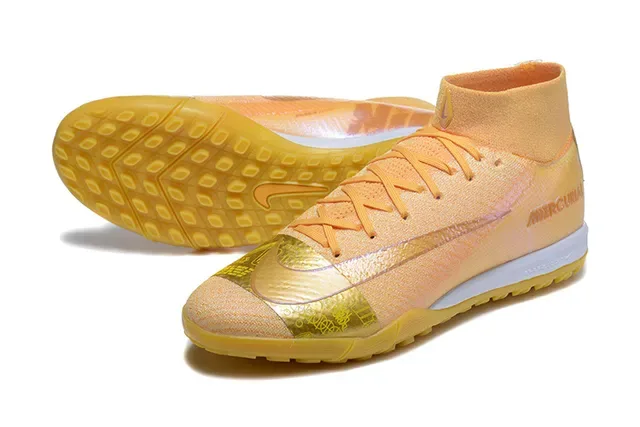 Nike Mercurial Gold Beige Flyknit Upper High-Top Collar Turf Soccer Shoes 7