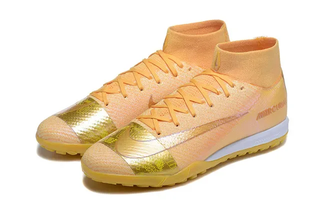 Nike Mercurial Gold Beige Flyknit Upper High-Top Collar Turf Soccer Shoes 8