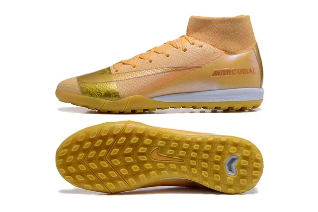 Nike Mercurial Gold Beige Flyknit Upper High-Top Collar Turf Soccer Shoes 9