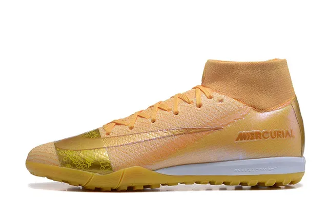 Nike Mercurial Gold Beige Flyknit Upper High-Top Collar Turf Soccer Shoes 10