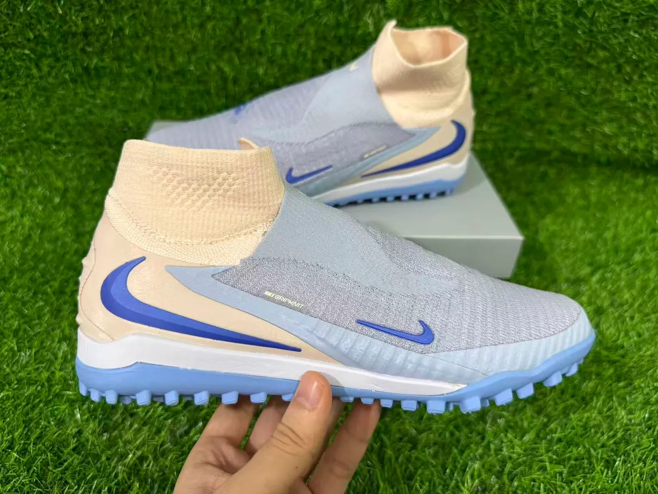 Nike Phantom GT Beige Blue Sock-Fit Upper Knit Construction Turf Soccer Shoes 2