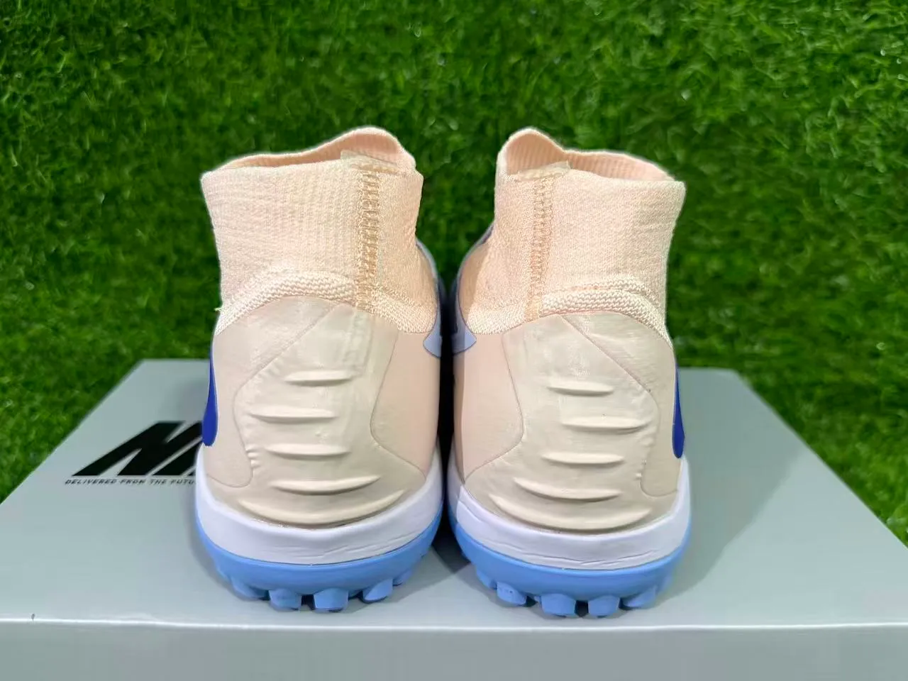 Nike Phantom GT Beige Blue Sock-Fit Upper Knit Construction Turf Soccer Shoes 3
