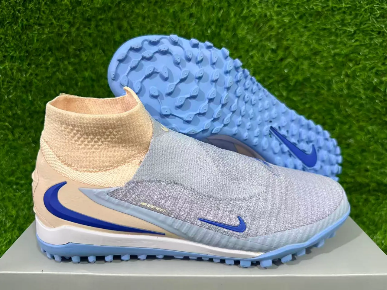 Nike Phantom GT Beige Blue Sock-Fit Upper Knit Construction Turf Soccer Shoes 11