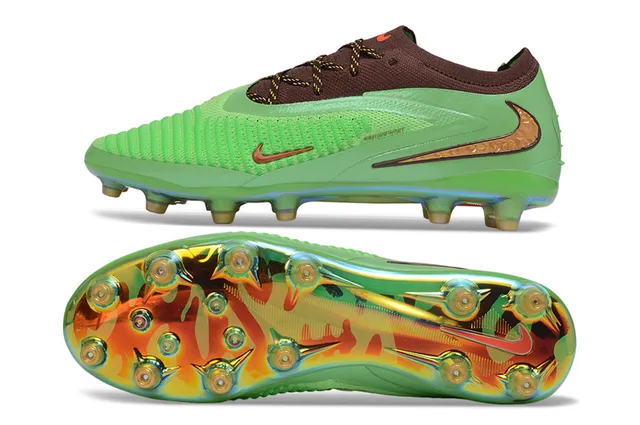 Nike Phantom GT Vert Marron Partie supérieure tricotée Plaque de semelle iridescente Terrain ferme Chaussures de football 6